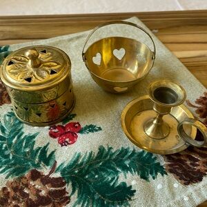 3 pc set small Brass Metal trinket box basket & candle holder